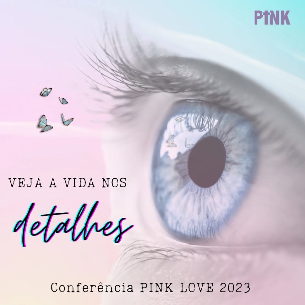 Arte da Conferência PINK Love 2023 - Mulher olhando para borboletas