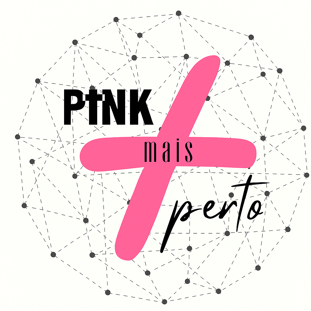 Logotipo do programa PINK Mais Perto com símbolo de conexão e cruz rosa, do ministério PINK Mulher Com Propósito